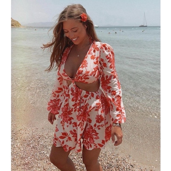 Red Floral Print Long Sleeve V-Neck Open Back Cutout Mini Dress - Picture 11 of 14